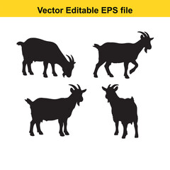 Vector art of set of four black goat silhouettes in different poses