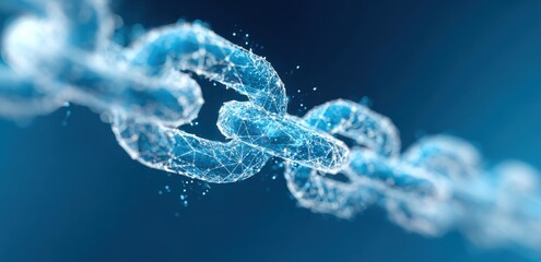 Abstract representation of a chain, composed of interconnected translucent polygons and particles