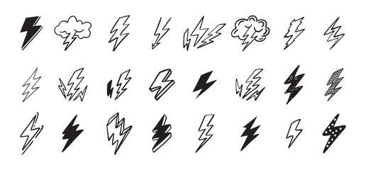 Doodle set lightning line art. Hand drawn lightning icons