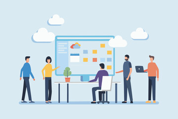 Diverse team collaborating around a computer screen displaying a calendar and weather forecast on a light blue background with clouds