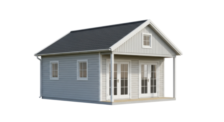 Charming modern tiny house with double doors and windows, perfect for cozy living or backyard office inspiration