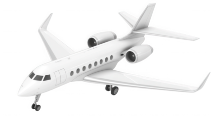 A monochrome image of a private jet with visible engines and landing gear  on transparent background