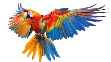 Fototapeta premium A vibrant macaw parrot in mid flight showcasing its colorful plumage against a black background on transparent background