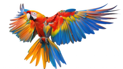 A vibrant macaw parrot in mid flight showcasing its colorful plumage against a black background on transparent background