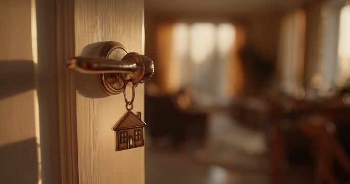 Interior door ajar, sunlight streams in - Powered by Adobe