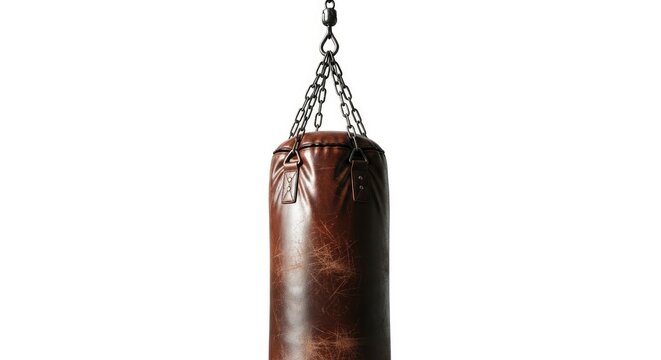 Classic brown leather punching bag with worn texture, hanging against a clean white background.