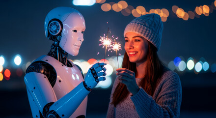 A woman and a robot celebrate with sparklers against a backdrop of blurred lights, creating a festive atmosphere