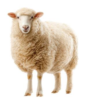 Fluffy sheep grazing in green pasture farm environment isolated on transparent background