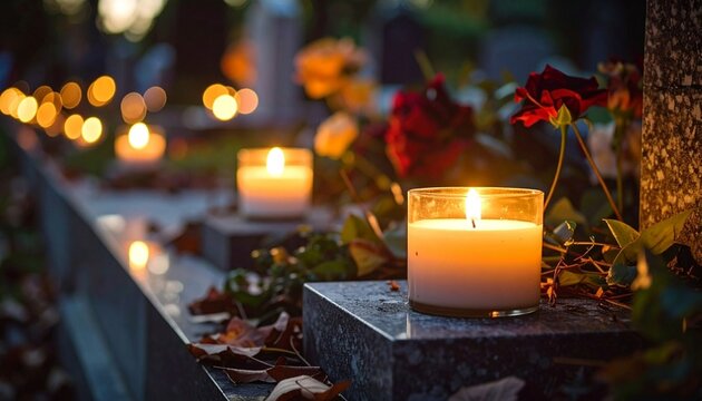 Close-up of candles lit at the grave in the cemetery.