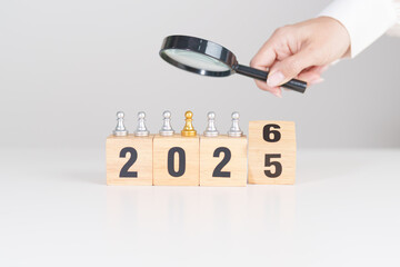 2025 end year to Happy New Year 2026 with magnifying glass and people. hiring, employee, recruitment, job, SEO and jobless, Human resource management, Recruitment, leadership and toxic people