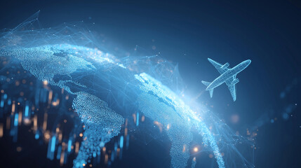 Obraz premium Futuristic digital illustration airplane fly above Earth glowing blue neon line form rise graph planet surface.