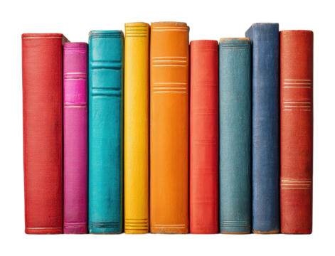 Colorful vintage book collection on a shelf home library still life isolated on transparent background