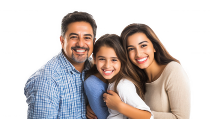 A smiling family of three posing closely together against a black background for a portrait shot on transparent background
