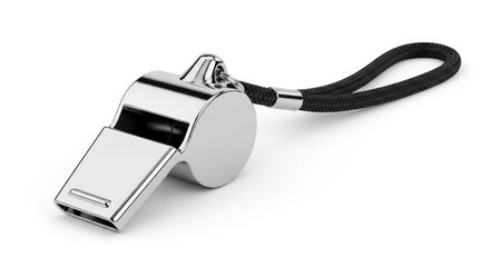 Shiny silver whistle with a black lanyard, isolated on a white background. 3D render.