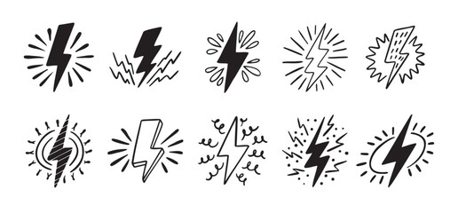 Hand drawn doodle electric lightning symbol sketch set. sparkling emblem. thunder single icons