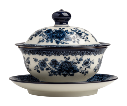 Elegant blue and white porcelain soup tureen kitchen isolated on transparent background