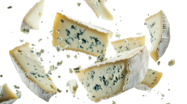 Pieces of blue cheese falling and breaking apart isolated on transparent background