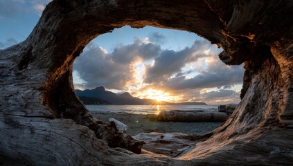 Driftwood arch framing a vibrant sunset over the water