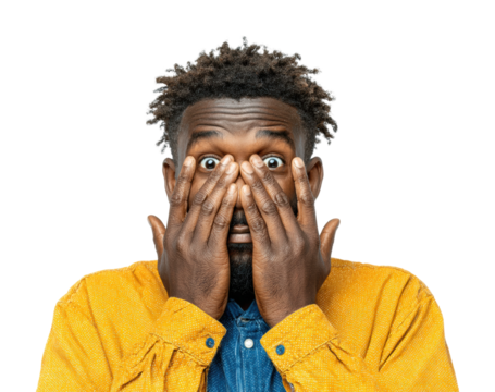 Surprised man covers face portrait shock isolated on transparent background