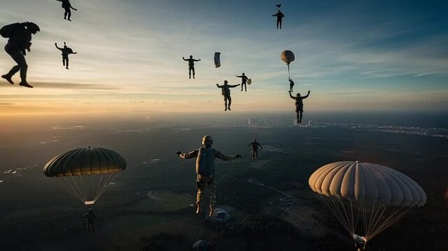 Epic Parachute Jump From Military Aircraft At Sunset, Adventure and Military Skydivers