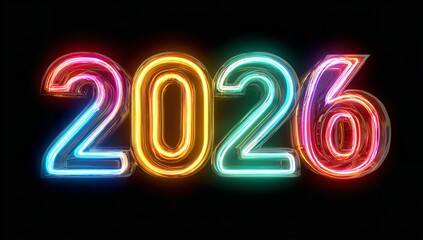 Dynamic neon 2026 numbers glow vibrantly against a dark background, perfect for celebratory and future-focused designs