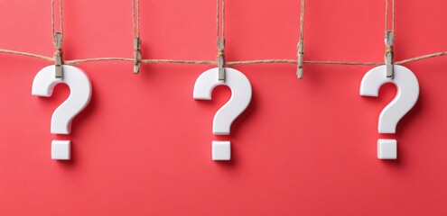 Three white question marks hanging on a light brown string against a vibrant red background