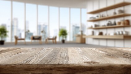 Modern wooden tabletop overlooking cityscape
