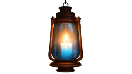 A glowing candle inside a brown lantern with a glass casing against a black background in the darkness on transparent background