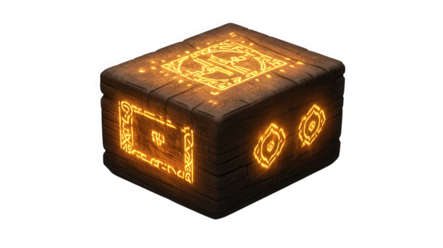 Isometric view of a wooden cube with glowing orange symbols on each side against a black background on transparent background