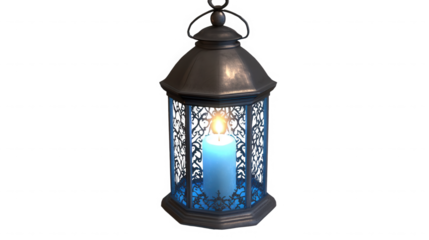 Illuminated lantern with a blue candle inside against a dark background creating a warm glow effect on transparent background