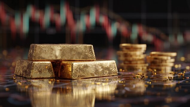 Gold bars and coins on a reflective surface, chart background