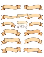 A collection of various cartoon ribbon banners in different shapes and styles