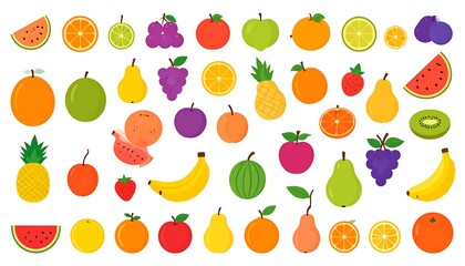 A collection of various colorful, fresh, and ripe fruit icons scattered about