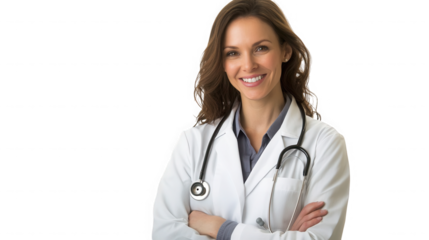 A smiling female doctor in a white coat with a stethoscope around her neck and arms crossed pose on transparent background