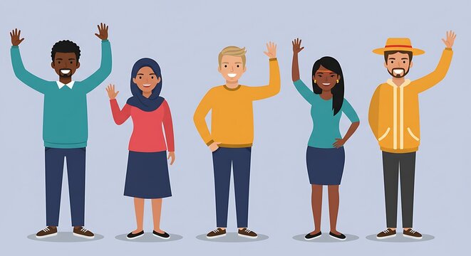 Diverse group of people waving hands in a friendly gesture.