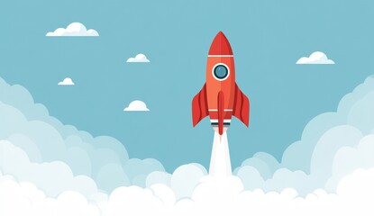 Red rocket launching through clouds