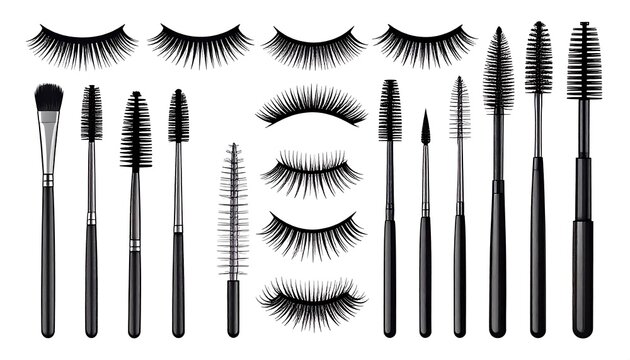 A collection of various makeup brushes and false eyelashes