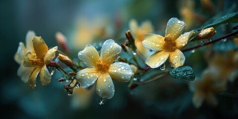 Close-up of delicate yellow flowers covered in raindrops, soft focus on dark teal background