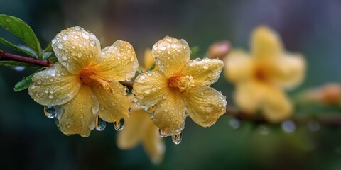Delicate yellow flowers with water droplets