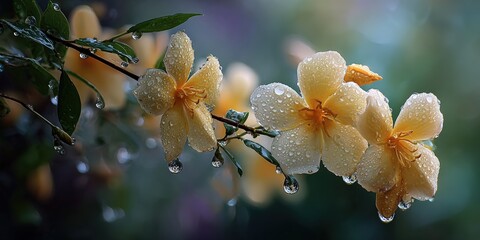 Delicate, Pale Yellow Flowers Covered in Raindrops