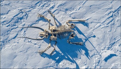Skeletal remains of an animal on snow
