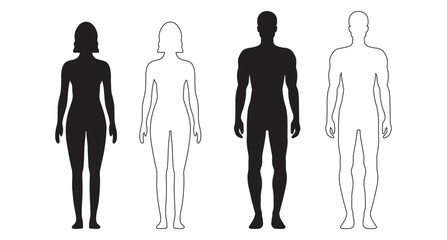 human body man and woman silhouette, male and female figure. vector monochrome isolated person outline standing full height. Outline and black people anatomy representation © Yanka