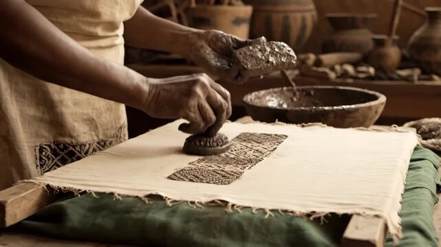 Artisan Applying Traditional Block Printing Technique on Fabric.