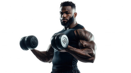 Muscular man in black shirt lifting dumbbells with black background for fitness and strength training on transparent background