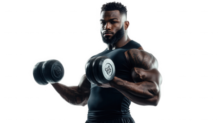 Muscular man in black shirt lifting dumbbells with black background for fitness and strength training on transparent background