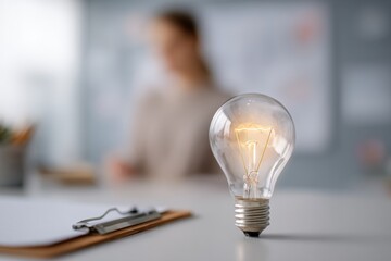 Illuminated lightbulb on a desk in a blurry office setting