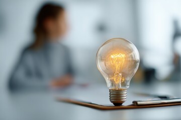 Bright light bulb on clipboard.  Blurred office scene