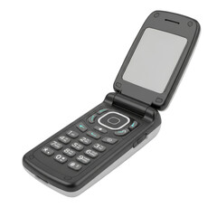 Open flip phone with keypad and screen isolated on a transparent background