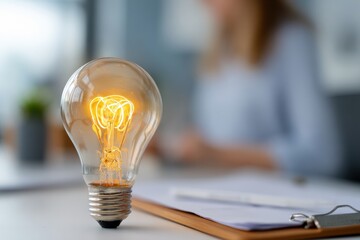 Glowing lightbulb on a desk