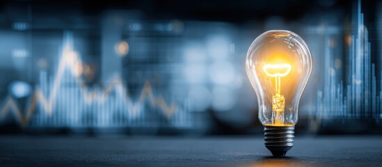 Illuminated light bulb against a blurred background of financial charts